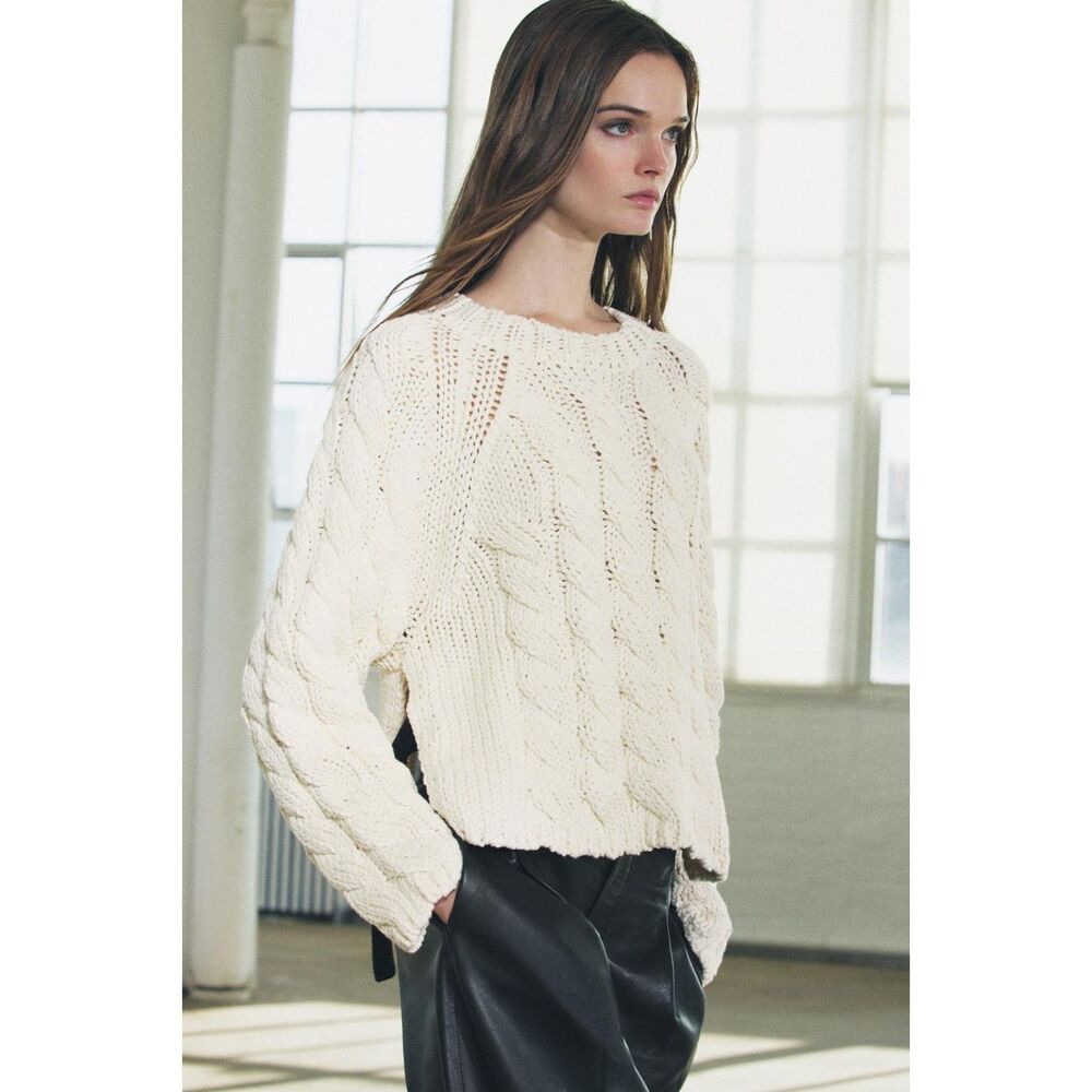 Cream Zara Side Vents Ties Chunky Knit Long Sleeve Pullover Sweater (NWT) - Picture 6 of 10